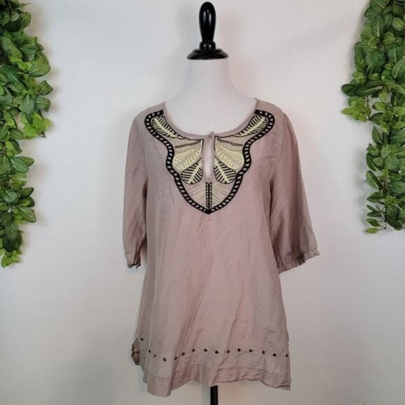 BCBG Max Azria Embroidered Silk Blend Boho Sheer Tan Neutral Blouse Small - Picture 1 of 12